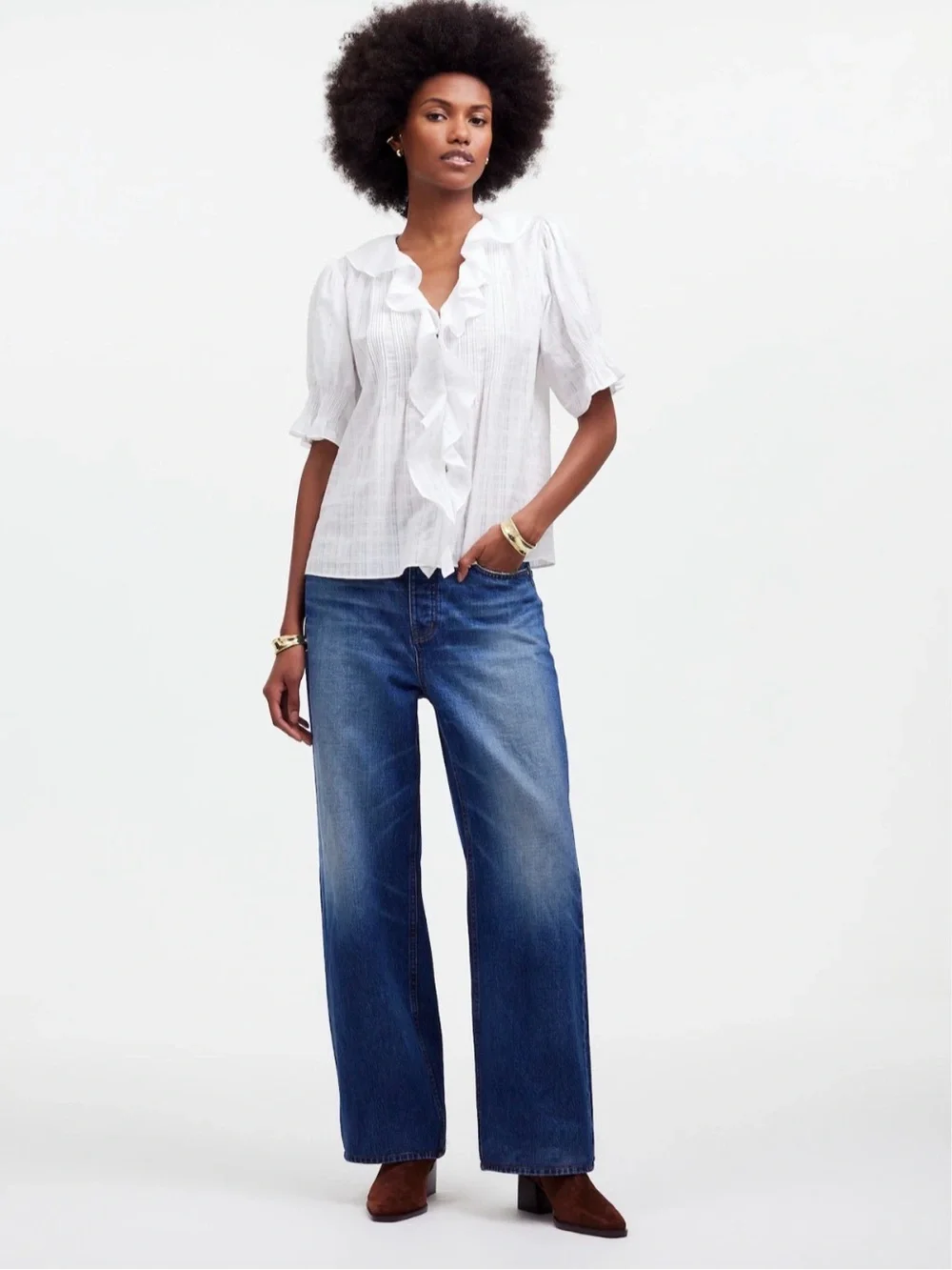 NWT Madewell Ruffle Puff-Sleeve Peplum Top in Windowpane | Size XXS
